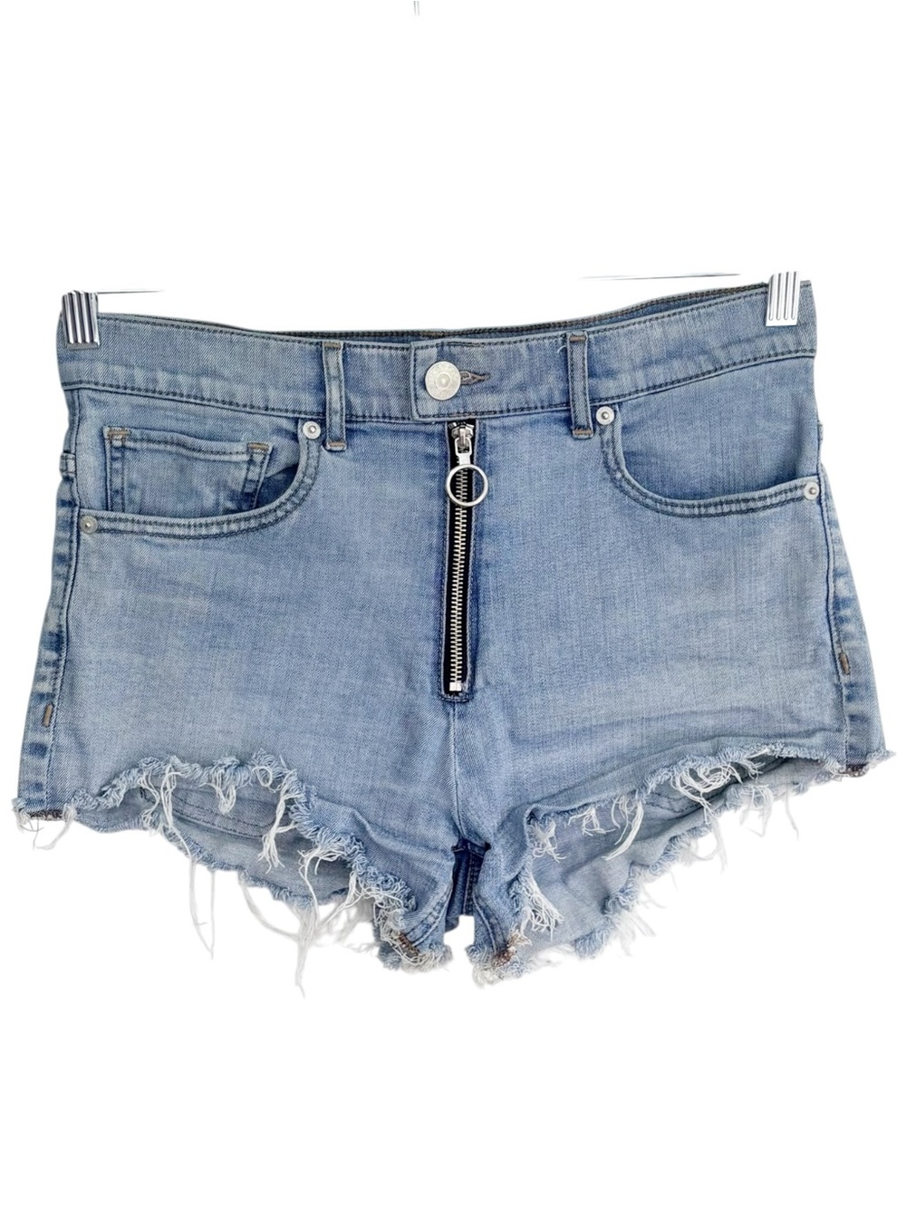 EXPRESS Light Wash Denim Cutoff Shorts O-Ring Front Zip Distressed Size 6 Y2K